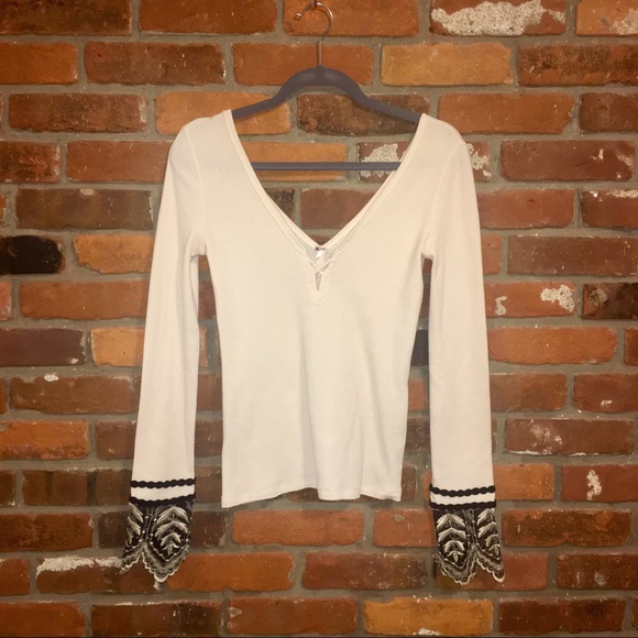 Free People Tops - Free People Cream Thermal With Black Lace Sleeve